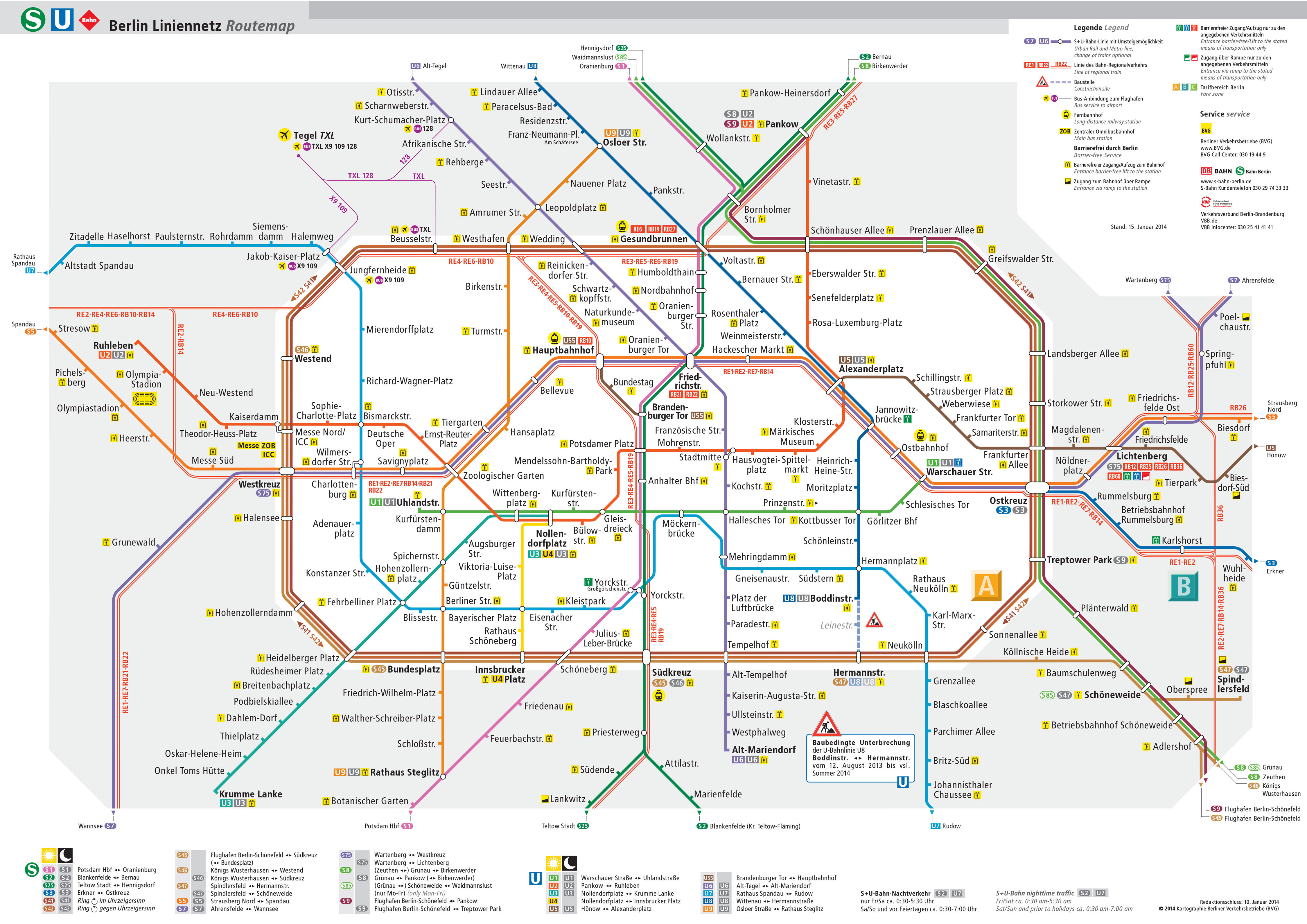 Map of Berlin u bahn, subway, tube & underground BVG network
